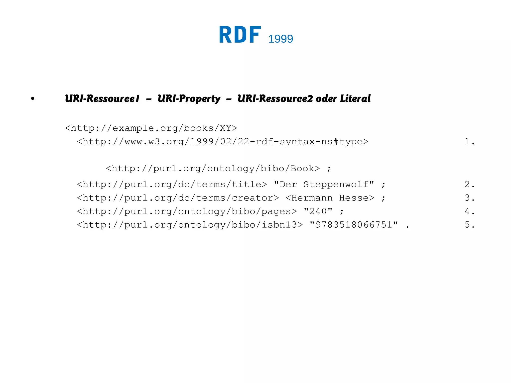 RDF 1999

•   URI-Ressource1 – URI-Property – URI-Ressource2 oder Literal

    <http://example.org/books/XY>
      <http://www.w3.org/1999/02/22-rdf-syntax-ns#type>           1.

           <http://purl.org/ontology/bibo/Book> ;
      <http://purl.org/dc/terms/title> "Der Steppenwolf" ;        2.
      <http://purl.org/dc/terms/creator> <Hermann Hesse> ;        3.
      <http://purl.org/ontology/bibo/pages> "240" ;               4.
      <http://purl.org/ontology/bibo/isbn13> "9783518066751" .    5.
 