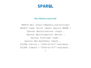 SPARQL

           http://dbpedia.org/snorql/


PREFIX dbo: http://dbpedia.org/ontology/
SELECT ?name ?birth ?death ?person WHERE {
     ?person dbo:birthPlace :Tokyo .
    ?person dbo:occupation :Writer .
        ?person foaf:name ?name .
   ?person dbo:deathDate ?death .
FILTER (?birth > "1800-01-01"^^xsd:date) .
FILTER (?death < "2000-01-01"^^xsd:date) .
                       }
 
