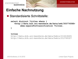 Einfache Nachnutzung
 Standardisierte Schnittstelle:
    select distinct ?titles where {
       <http://data.bib.uni-mannheim.de/data/swb/305776088>
            ubma:equalsForClassification ?titles.
    }

    titles
    http://data.bib.uni-mannheim.de/data/hebis/214418405
    http://data.bib.uni-mannheim.de/data/hebis/212760327




DGI-Konferenz, 8.10.2010                     Linked Open Projects
 