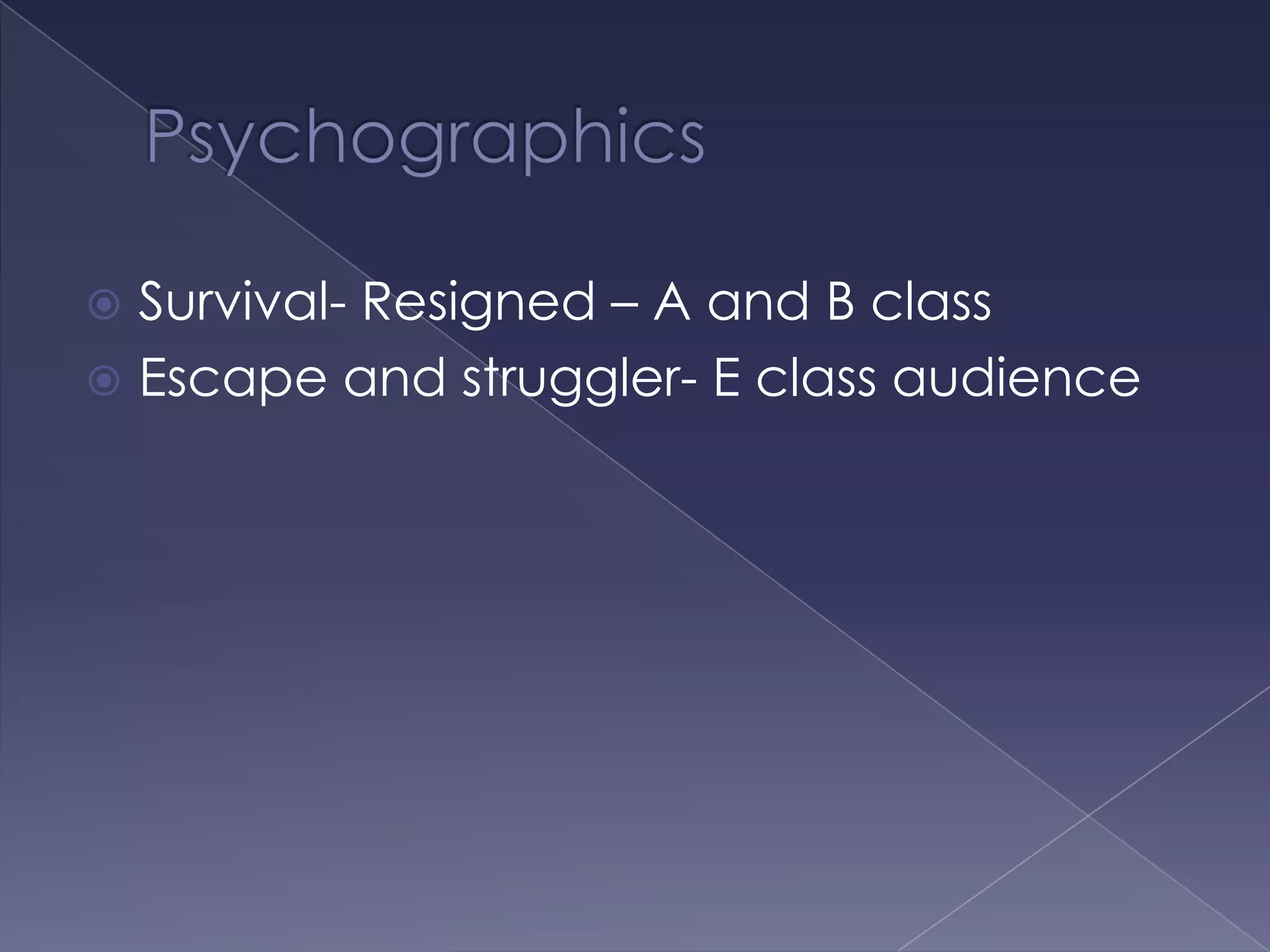 Psychographics Survival- Resigned – A and B class Escape and struggler- E class audience 