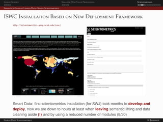 Linked Science Semantic Web Value Proposition Scientometrics
Semantics-Enabled Linked-Data-Driven Scientometrics
ISWC Installation Based on New Deployment Framework
http://scientometrics.geog.ucsb.edu/iswc/
Smart Data: ﬁrst scientometrics installation (for SWJ) took months to develop and
deploy, now we are down to hours at least when leaving semantic lifting and data
cleaning aside (!) and by using a reduced number of modules (8/30)
Linked Data Scientometrics K. Janowicz
 