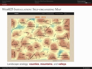 Linked Science Semantic Web Value Proposition Scientometrics
Web@25
Web@25 Installation: Self-organizing Map
Landscape analogy: counties, mountains, and valleys
Linked Data Scientometrics K. Janowicz
 