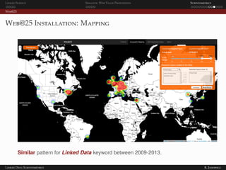 Linked Science Semantic Web Value Proposition Scientometrics
Web@25
Web@25 Installation: Mapping
Similar pattern for Linked Data keyword between 2009-2013.
Linked Data Scientometrics K. Janowicz
 