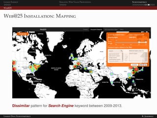 Linked Science Semantic Web Value Proposition Scientometrics
Web@25
Web@25 Installation: Mapping
Dissimilar pattern for Search Engine keyword between 2009-2013.
Linked Data Scientometrics K. Janowicz
 