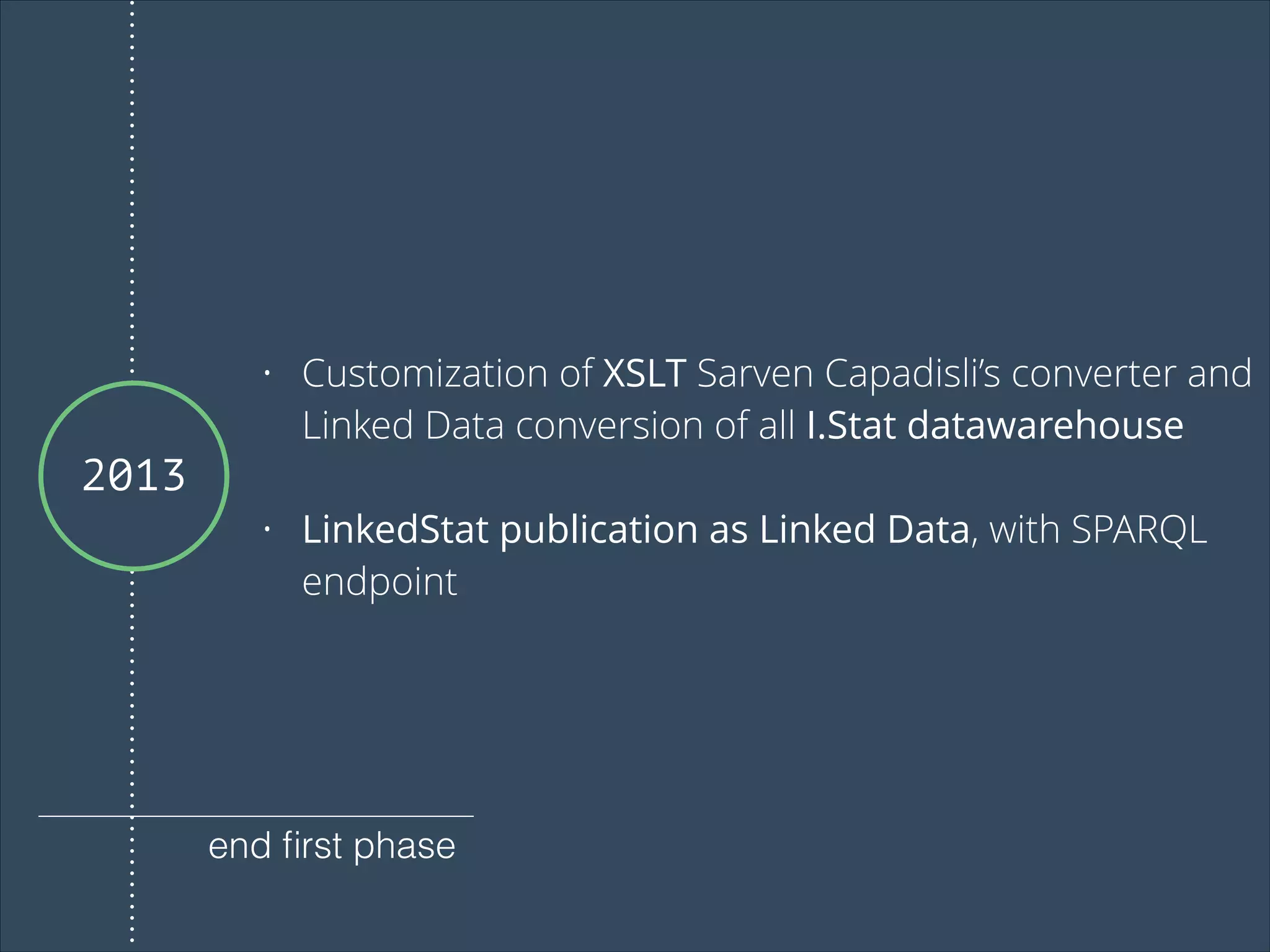 •
Customization of XSLT Sarven Capadisli’s converter and
Linked Data conversion of all I.Stat datawarehouse
•
LinkedStat publication as Linked Data, with SPARQL
endpoint
2013
end first phase
