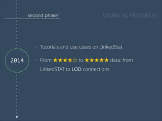 second phase

WORK IN PROGRESS

•

2014

Tutorials and use cases on LinkedStat

•

From ★★★★☆ to ★★★★★ data: from
LinkedSTAT to LOD connections

 