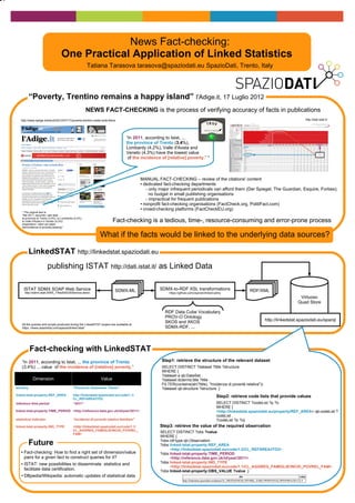   News Fact-checking:
One Practical Application of Linked Statistics
3.3.
LinkedSTAT http://linkedstat.spaziodati.eu
ISTAT SDMX SOAP Web Service
http://sdmx.istat.it/WS_T/NsiStdV20Service.asmx
SDMX-ML SDMX-to-RDF XSL transformations
https://github.com/csarven/linked-sdmx
Virtuoso
Quad Store
http://www.ladige.it/articoli/2012/07/17/poverta-trentino-resta-isola-felice
NEWS FACT-CHECKING is the process of verifying accuracy of facts in publications
Fact-checking is a tedious, time-, resource-consuming and error-prone process
* The original text is:
“Nel 2011, secondo i dati Istat, ... 
la provincia di Trento (3,4%), la Lombardia (4,2%), 
la Valle d'Aosta e il Veneto (4,3%) 
presentano i valori più bassi  
dell'incidenza di povertà [relativa].”
“In 2011, according to Istat, ...
the province of Trento (3.4%),
Lombardy (4.2%), Valle d'Aosta and 
Veneto (4.3%) have the lowest value
 of the incidence of [relative] poverty.” *
RDF/XML
RDF Data Cube Vocabulary
PROV-O Ontology
SKOS and XKOS
SDMX-RDF, ...
 Fact-checking: How to find a right set of dimension/value
pairs for a given fact to construct queries for it?
 ISTAT: new possibilities to disseminate  statistics and
facilitate data certification.
● DBpedia/Wikipedia: automatic updates of statistical data
“In 2011, according to Istat, ... the province of Trento 
(3.4%) ... value  of the incidence of [relative] poverty.”
Dimension Value
territory
linked-istat-property:REF_AREA
“Provincia Autonoma Trento”
http://linkedstat.spaziodati.eu/code/1.1/
CL_REFAREA/ITD2
reference time period
linked-istat-property:TIME_PERIOD
“2011”
<http://reference.data.gov.uk/id/year/2011>
statistical indicator
linked-istat-property:IND_TYPE
“incidenza di povertà relativa familiare”
<http://linkedstat.spaziodati.eu/code/1.1/
CL_AGGREG_FAMIGLIE/INCID_POVREL_
FAM>
http://linkedstat.spaziodati.eu/sparql
MANUAL FACT-CHECKING – review of the citations' content
● dedicated fact-checking departments
- only major infrequent periodicals can afford them (Der Spiegel, The Guardian, Esquire, Forbes); 
  no budget in small publishing organisations
- impractical for frequent publications
● nonprofit fact-checking organisations (FactCheck.org, PolitiFact.com)
● crowd-checking platforms (FactCheckEU.org)
Tatiana Tarasova tarasova@spaziodati.eu SpazioDati, Trento, Italy
“Poverty, Trentino remains a happy island” l'Adige.it, 17 Luglio 2012
What if the facts would be linked to the underlying data sources?
publishing ISTAT http://dati.istat.it/ as Linked Data
http://dati.istat.it/
All the queries and scripts produced during the LinkedSTAT project are available at
https: //www.assembla.com/spaces/linked-istat/
Fact-checking with LinkedSTAT
SELECT DISTINCT ?dataset ?title ?structure
WHERE {
?dataset a qb:DataSet .
?dataset dcterms:title ?title .
FILTER(contains(str(?title), "Incidenza di povertà relativa"))
?dataset qb:structure ?structure .}
SELECT DISTINCT ?codeList ?p ?o
WHERE {
<http://linkedstat.spaziodati.eu/property/REF_AREA> qb:codeList ?
codeList .
?codeList ?p ?o}
SELECT DISTINCT ?obs ?value
WHERE {
?obs rdf:type qb:Observation .
?obs linked-istat-property:REF_AREA
<http://linkedstat.spaziodati.eu/code/1.2/CL_REFAREA/ITD2> .
?obs linked-istat-property:TIME_PERIOD
<http://reference.data.gov.uk/id/year/2011> .
?obs linked-istat-property:IND_TYPE
<http://linkedstat.spaziodati.eu/code/1.1/CL_AGGREG_FAMIGLIE/INCID_POVREL_FAM> .
?obs linked-istat-property:OBS_VALUE ?value .}
Step1: retrieve the structure of the relevant dataset
Step2: retrieve code lists that provide values
Step3: retrieve the value of the required observation
Future 
 