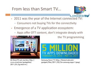 From	
  less	
  than	
  Smart	
  TV...	
  
     2011	
  was	
  the	
  year	
  of	
  the	
  Internet	
  connected	
  TV:	
...