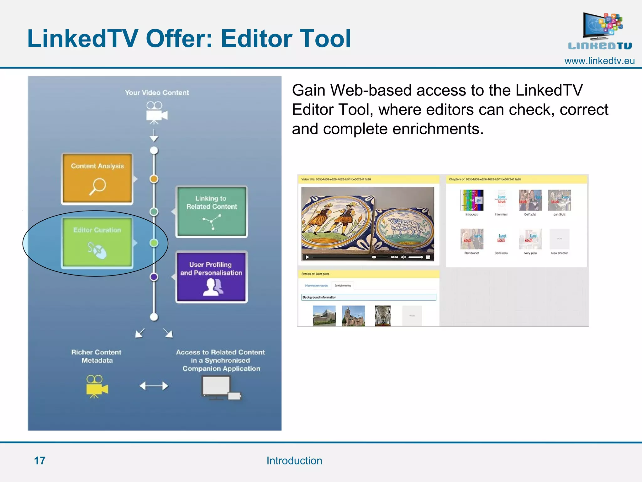 17
www.linkedtv.eu
LinkedTV Offer: Editor Tool
Introduction
Gain Web-based access to the LinkedTV
Editor Tool, where editors can check, correct
and complete enrichments.
 