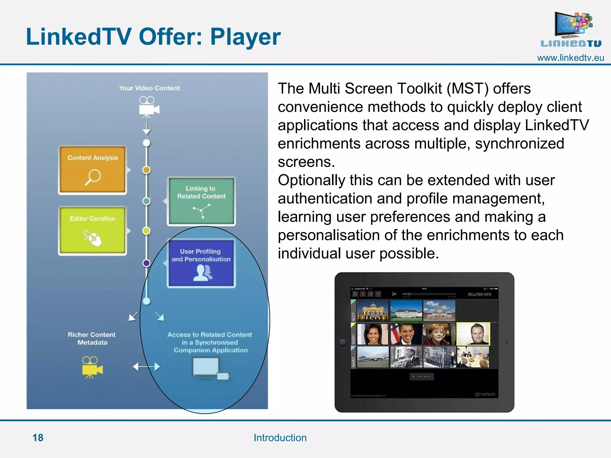 18
www.linkedtv.eu
LinkedTV Offer: Player
Introduction
The Multi Screen Toolkit (MST) offers
convenience methods to quickly deploy client
applications that access and display LinkedTV
enrichments across multiple, synchronized
screens.
Optionally this can be extended with user
authentication and profile management,
learning user preferences and making a
personalisation of the enrichments to each
individual user possible.
 