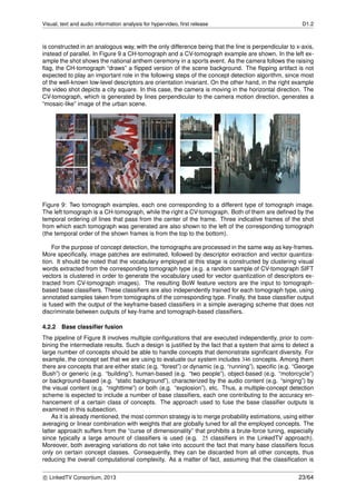 Visual, text and audio information analysis for hypervideo, ﬁrst release D1.2
is constructed in an analogous way, with the only difference being that the line is perpendicular to x-axis,
instead of parallel. In Figure 9 a CH-tomograph and a CV-tomograph example are shown. In the left ex-
ample the shot shows the national anthem ceremony in a sports event. As the camera follows the raising
ﬂag, the CH-tomograph “draws” a ﬂipped version of the scene background. The ﬂipping artifact is not
expected to play an important role in the following steps of the concept detection algorithm, since most
of the well-known low-level descriptors are orientation invariant. On the other hand, in the right example
the video shot depicts a city square. In this case, the camera is moving in the horizontal direction. The
CV-tomograph, which is generated by lines perpendicular to the camera motion direction, generates a
“mosaic-like” image of the urban scene.
Figure 9: Two tomograph examples, each one corresponding to a different type of tomograph image.
The left tomograph is a CH-tomograph, while the right a CV-tomograph. Both of them are deﬁned by the
temporal ordering of lines that pass from the center of the frame. Three indicative frames of the shot
from which each tomograph was generated are also shown to the left of the corresponding tomograph
(the temporal order of the shown frames is from the top to the bottom).
For the purpose of concept detection, the tomographs are processed in the same way as key-frames.
More speciﬁcally, image patches are estimated, followed by descriptor extraction and vector quantiza-
tion. It should be noted that the vocabulary employed at this stage is constructed by clustering visual
words extracted from the corresponding tomograph type (e.g. a random sample of CV-tomograph SIFT
vectors is clustered in order to generate the vocabulary used for vector quantization of descriptors ex-
tracted from CV-tomograph images). The resulting BoW feature vectors are the input to tomograph-
based base classiﬁers. These classiﬁers are also independently trained for each tomograph type, using
annotated samples taken from tomographs of the corresponding type. Finally, the base classiﬁer output
is fused with the output of the keyframe-based classiﬁers in a simple averaging scheme that does not
discriminate between outputs of key-frame and tomograph-based classiﬁers.
4.2.2 Base classiﬁer fusion
The pipeline of Figure 8 involves multiple conﬁgurations that are executed independently, prior to com-
bining the intermediate results. Such a design is justiﬁed by the fact that a system that aims to detect a
large number of concepts should be able to handle concepts that demonstrate signiﬁcant diversity. For
example, the concept set that we are using to evaluate our system includes 346 concepts. Among them
there are concepts that are either static (e.g. “forest”) or dynamic (e.g. “running”), speciﬁc (e.g. “George
Bush”) or generic (e.g. “building”), human-based (e.g. “two people”), object-based (e.g. “motorcycle”)
or background-based (e.g. “static background”), characterized by the audio content (e.g. “singing”) by
the visual content (e.g. “nighttime”) or both (e.g. “explosion”), etc. Thus, a multiple-concept detection
scheme is expected to include a number of base classiﬁers, each one contributing to the accuracy en-
hancement of a certain class of concepts. The approach used to fuse the base classiﬁer outputs is
examined in this subsection.
As it is already mentioned, the most common strategy is to merge probability estimations, using either
averaging or linear combination with weights that are globally tuned for all the employed concepts. The
latter approach suffers from the “curse of dimensionality” that prohibits a brute-force tuning, especially
since typically a large amount of classiﬁers is used (e.g. 25 classiﬁers in the LinkedTV approach).
Moreover, both averaging variations do not take into account the fact that many base classiﬁers focus
only on certain concept classes. Consequently, they can be discarded from all other concepts, thus
reducing the overall computational complexity. As a matter of fact, assuming that the classiﬁcation is
c LinkedTV Consortium, 2013 23/64
 