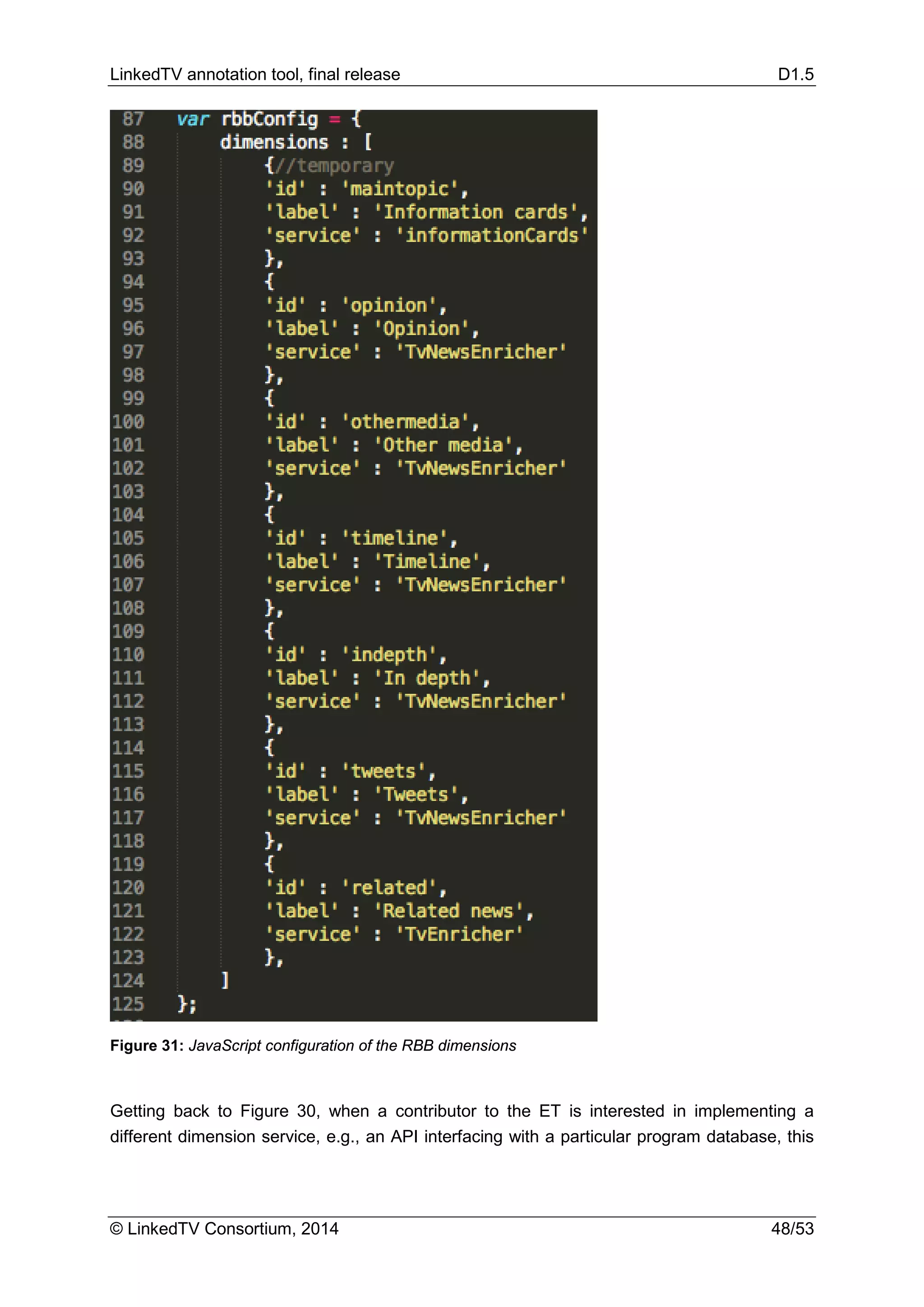 LinkedTV annotation tool, final release D1.5
© LinkedTV Consortium, 2014 48/53
Figure 31: JavaScript configuration of the RBB dimensions
Getting back to Figure 30, when a contributor to the ET is interested in implementing a
different dimension service, e.g., an API interfacing with a particular program database, this
 