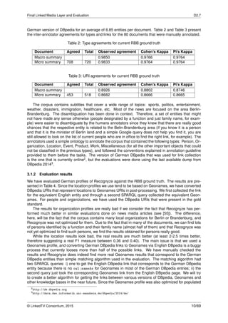 Final Linked Media Layer and Evaluation D2.7
German version of DBpedia for an average of 8.85 entities per document. Table 2 and Table 3 present
the inter-annotator agreements for types and links for the 80 documents that were manually annotated.
Table 2: Type agreements for current RBB ground truth
Document Agreed Total Observed agreement Cohen’s Kappa Pi’s Kappa
Macro summary 0.9850 0.9766 0.9764
Micro summary 708 720 0.9833 0.9764 0.9764
Table 3: URI agreements for current RBB ground truth
Document Agreed Total Observed agreement Cohen’s Kappa Pi’s Kappa
Macro summary 0.8926 0.8802 0.8746
Micro summary 453 518 0.8682 0.8666 0.8665
The corpus contains subtitles that cover a wide range of topics: sports, politics, entertainment,
weather, disasters, immigration, healthcare, etc. Most of the news are focused on the area Berlin-
Brandenburg. The disambiguation has been done in context. Therefore, a set of entities that might
not have made any sense otherwise (people designated by a function and just family name, for exam-
ple) were easier to disambiguate by the humans annotators since they knew that there are really good
chances that the respective entity is related to the Belin-Brandenburg area (if you know it is a person
and that it is the minister of Berlin land and a simple Google query does not help you ﬁnd it, you are
still allowed to look on the list of current people who are in ofﬁce to ﬁnd the right link, for example). The
annotators used a simple ontology to annotate the corpus that contained the following types: Person, Or-
ganization, Location, Event, Product, Work, Miscellaneous (for all the other important objects that could
not be classiﬁed in the previous types), and followed the conventions explained in annotation guideline
provided to them before the tasks. The version of German DBpedia that was used for link collection
is the one that is currently online2, but the evaluations were done using the last available dump from
DBpedia 20143.
3.1.2 Evaluation results
We have evaluated German proﬁles of Recognyze against the RBB ground truth. The results are pre-
sented in Table 4. Since the location proﬁles we use tend to be based on Geonames, we have converted
DBpedia URIs that represent locations to Geonames URIs in post-processing. We ﬁrst collected the link
for the equivalent English entity and through a second SPARQL query collected the equivalent Geon-
ames. For people and organizations, we have used the DBpedia URIs that were present in the gold
standard.
The results for organization proﬁles are really bad if we consider the fact that Recognyze has per-
formed much better in similar evaluations done on news media articles (see [55]). The difference,
here, will be the fact that the corpus contains many local organizations for Berlin or Brandenburg, and
Recognyze was not optimized for them. Due to the fact that in many of the documents, we can ﬁnd lots
of persons identiﬁed by a function and their family name (almost half of them) and that Recognyze was
not yet optimized to ﬁnd such persons, we ﬁnd the results obtained for persons really good.
While the location results look bad, the real results are much better (at least 2-2.5 times better,
therefore suggesting a real F1 measure between 0.36 and 0.40). The main issue is that we used a
Geonames proﬁle, and converting German DBpedia links to Geonames via English DBpedia is a buggy
process that currently looses more than half of the possible links. We have manually checked the
results and Recognyze does indeed ﬁnd more real Geonames results that correspond to the German
DBpedia entities than simple matching algorithm used in the evaluation. The matching algorithm had
two SPARQL queries: i) one to get the English DBpedia link that corresponds to the German DBpedia
entity because there is no owl:sameAs for Geonames in most of the German DBpedia entries; ii) the
second query just took the corresponding Geonames link from the English DBpedia page. We will try
to create a better algorithm for getting the links between various versions of DBpedia, Geonames and
other knowledge bases in the near future. Since the Geonames proﬁle was also optimized for populated
2http://de.dbpedia.org
3http://data.dws.informatik.uni-mannheim.de/dbpedia/2014/de/
© LinkedTV Consortium, 2015 10/69
 