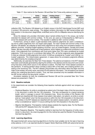 Final Linked Media Layer and Evaluation D2.7
Table 17: Size metrics for the Reuters-128 and New York Times entity salience corpora.
Corpus Documents
Entity
mentions
Unique
entities
Entities linked
with DBpedia
Salient
entities
Not salient
entities
Reuters-128 128 4,429 2,024 3,194 804 (18%) 3,625 (82%)
NYT (train) 100,834 1,990,355 173,462 1,990,355 255,572 (13%) 1,734,783 (87%)
NYT (eval) 9,706 184,457 42,251 184,457 24,438 (13%) 160,019 (87%)
collection [35]. The Reuters-128 dataset is an English corpus in the NLP Interchange Format (NIF) and
it contains 128 economic news articles. The dataset contains information for 880 named entities with
their position in the document (beginOffset, endOffset) and a URI of a DBpedia resource identifying the
entity.
Since the dataset only provides information about named entities found in the corpus, we further
extended the dataset with common entities. To this end, we used our Entityclassiﬁer.eu NER tool to
enrich the dataset with common entities. This resulted in additional 3551 common entities.
Furthermore, aiming to obtain a gold standard entity salience judgments we used a crowdsourc-
ing tool to collect judgments from non-expert paid judges. For each named and common entity in the
Reuters-128 dataset, we collected at least three judgments for each entity from annotators based in 15
different countries, including English-speaking countries, such as United Kingdom, Canada and United
States. We also manually created a set of test questions, which helped us to determine contributor’s trust
score. Only judgments from contributors with trust score higher than 70% were considered as trusted
judgments. If the trust score of a contributor falls bellow 70%, all his/her judgments were disregarded.
In total we collected 18,058 judgments from which 14,528 we considered as “trusted” and 3,530 as “un-
trusted” judgments. The interannotator agreement, in cases where the annotators judgments differed,
was determined by the crowdsourcing tool.
Additionally, we used also the New York Times dataset. The salience annotations in the NYT dataset
have been automatically generated by aligning the entities in the abstract and the document and consid-
ering that every entity which occurs in the abstract is salient. The New York Times dataset consists of
two partitions. A training partition which consists of about 90% of the data, and a testing partition con-
sisting of the remaining 10%. The NYT dataset [18] provides only information about the begin and end
index of the entities, the entity name, document ID and salience information. The annotations are shared
without the underlying document’s content. Thus, we have converted only the available information in
the NIF format; without the documents’ content.
Annotation statistics for both the crowdsourced Reuters-128 and the converted New York Times
dataset are presented in Table 17.
3.5.2 Baseline methods
In the experiments we consider the following three baseline methods against which we compare our
method.
– Positional Baseline. An entity is considered as salient only if the begin index of the ﬁrst occurrence
in the document is within the ﬁrst 100 characters. This also corresponds to a typical sentence
length, which in average is around 100 characters long. Since the entities of the Reuters-128
dataset are classiﬁed with three classes {most salient, less salient, not salient}, an entity is consid-
ered as “most salient” only if its ﬁrst occurrence is within the ﬁrst 100 characters in the document.
The entities in the NYT dataset are classiﬁed with two salient classes {salient, not salient}, and an
entity is considered as “salient” if it occurs withing the ﬁrst 100 characters in the document.
– Majority Vote Baseline. This baseline method always predicts the majority class. For the Reuters-
128 and the NYT datasets that is the “not salient“ class.
– Entity Frequency Baseline. This baseline method is learning from the frequency of entity occur-
rence in a document. As a learning algorithm for this method we used the Random Forest decision
tree learning algorithm.
3.5.3 Learning Algorithms
We experimented with various learning algorithms to ﬁnd the most suitable one for the task of learning
entity salience. In D1.4, we reported results for Support Vector Machines (SVM) with polynomial kernel,
© LinkedTV Consortium, 2015 27/69
 