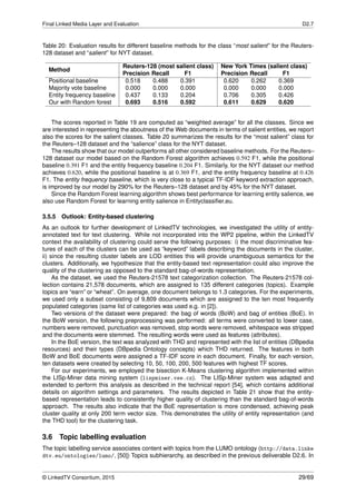 Final Linked Media Layer and Evaluation D2.7
Table 20: Evaluation results for different baseline methods for the class “most salient” for the Reuters-
128 dataset and “salient” for NYT dataset.
Method
Reuters-128 (most salient class) New York Times (salient class)
Precision Recall F1 Precision Recall F1
Positional baseline 0.518 0.488 0.391 0.620 0.262 0.369
Majority vote baseline 0.000 0.000 0.000 0.000 0.000 0.000
Entity frequency baseline 0.437 0.133 0.204 0.706 0.305 0.426
Our with Random forest 0.693 0.516 0.592 0.611 0.629 0.620
The scores reported in Table 19 are computed as “weighted average” for all the classes. Since we
are interested in representing the aboutness of the Web documents in terms of salient entities, we report
also the scores for the salient classes. Table 20 summarizes the results for the “most salient” class for
the Reuters–128 dataset and the “salience” class for the NYT dataset.
The results show that our model outperforms all other considered baseline methods. For the Reuters–
128 dataset our model based on the Random Forest algorithm achieves 0.592 F1, while the positional
baseline 0.391 F1 and the entity frequency baseline 0.204 F1. Similarly, for the NYT dataset our method
achieves 0.620, while the positional baseline is at 0.369 F1, and the entity frequency baseline at 0.426
F1. The entity frequency baseline, which is very close to a typical TF-IDF keyword extraction approach,
is improved by our model by 290% for the Reuters–128 dataset and by 45% for the NYT dataset.
Since the Random Forest learning algorithm shows best performance for learning entity salience, we
also use Random Forest for learning entity salience in Entityclassiﬁer.eu.
3.5.5 Outlook: Entity-based clustering
As an outlook for further development of LinkedTV technologies, we investigated the utility of entity-
annotated text for text clustering. While not incorporated into the WP2 pipeline, within the LinkedTV
context the availability of clustering could serve the following purposes: i) the most discriminative fea-
tures of each of the clusters can be used as “keyword” labels describing the documents in the cluster,
ii) since the resulting cluster labels are LOD entities this will provide unambiguous semantics for the
clusters. Additionally, we hypothesize that the entity-based text representation could also improve the
quality of the clustering as opposed to the standard bag-of-words representation.
As the dataset, we used the Reuters-21578 text categorization collection. The Reuters-21578 col-
lection contains 21,578 documents, which are assigned to 135 different categories (topics). Example
topics are “earn” or “wheat”. On average, one document belongs to 1.3 categories. For the experiments,
we used only a subset consisting of 9,809 documents which are assigned to the ten most frequently
populated categories (same list of categories was used e.g. in [2]).
Two versions of the dataset were prepared: the bag of words (BoW) and bag of entities (BoE). In
the BoW version, the following preprocessing was performed: all terms were converted to lower case,
numbers were removed, punctuation was removed, stop words were removed, whitespace was stripped
and the documents were stemmed. The resulting words were used as features (attributes).
In the BoE version, the text was analyzed with THD and represented with the list of entities (DBpedia
resources) and their types (DBpedia Ontology concepts) which THD returned. The features in both
BoW and BoE documents were assigned a TF-IDF score in each document. Finally, for each version,
ten datasets were created by selecting 10, 50, 100, 200, 500 features with highest TF scores.
For our experiments, we employed the bisection K-Means clustering algorithm implemented within
the LISp-Miner data mining system (lispminer.vse.cz). The LISp-Miner system was adapted and
extended to perform this analysis as described in the technical report [54], which contains additional
details on algorithm settings and parameters. The results depicted in Table 21 show that the entity-
based representation leads to consistently higher quality of clustering than the standard bag-of-words
approach. The results also indicate that the BoE representation is more condensed, achieving peak
cluster quality at only 200 term vector size. This demonstrates the utility of entity representation (and
the THD tool) for the clustering task.
3.6 Topic labelling evaluation
The topic labelling service associates content with topics from the LUMO ontology (http://data.linke
dtv.eu/ontologies/lumo/, [50]) Topics subhierarchy, as described in the previous deliverable D2.6. In
© LinkedTV Consortium, 2015 29/69
 