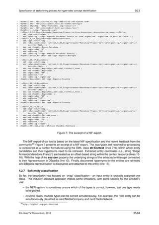 Speciﬁcation of Web mining process for hypervideo concept identiﬁcation                                                                         D2.3



1     @prefix rdf : < http :// www . w3 . org /1999/02/22 - rdf - syntax - ns # >
2     @prefix str : < http :// nlp2rdf . lod2 . eu / schema / string / >
3     @prefix dbpedia : < http :// dbpedia . org / resource / >
4     @prefix sso : < http :// nlp2rdf . lod2 . eu / schema / sso / >
5     @prefix : < http :// example . org / >
6     : o ffs et _0_ 80 _ D i e g o + Armando + Maradona + Franco + is + from + Argentina .+ Argentina + is + next + to + Chile .
7         rdf : type str : Context ;
8         str : isString " Diego Armando Maradona Franco is from Argentina . Argentina is next to Chile ." ;
9     : o ffs et _0_ 29 _ D i e g o + Armando + Maradona + Franco
10        rdf : type str : String ;
11        str : refere n c e C o n t e x t : o f f s e t _ 0 _ 8 0 _ D i e g o + Armando + Maradona + Franco + is + from + Argentina .+ Argentina + is +
                 next + to + Chile . ;
12        sso : oen dbpedia : Diego_ Marado na ;
13        str : beginIndex "0" ;
14        str : endIndex "29" .
15        str : isString " Diego Armando Maradona Franco " ;
16    dbpedia : Diego_Ma radona rdf : type dbpedia : Manager .
17
18    : offset_38_47_Argentina
19       rdf : type str : String ;
20       str : refere n c e C o n t e x t : o f f s e t _ 0 _ 8 0 _ D i e g o + Armando + Maradona + Franco + is + from + Argentina .+ Argentina + is +
                next + to + Chile . ;
21       sso : oen dbpedia : A r g e n t i n a _ n a t i o n a l _ f o o t b a l l _ t e a m ;
22       sso : oen dbpedia : Argentina ;
23       str : beginIndex "38" ;
24       str : endIndex "47" .
25       str : isString " Argentina " ;
26    dbpedia : Argentina rdf : type dbpedia : Country .
27
28    : offset_49_58_Argentina
29       rdf : type str : String ;
30       str : refere n c e C o n t e x t : o f f s e t _ 0 _ 8 0 _ D i e g o + Armando + Maradona + Franco + is + from + Argentina .+ Argentina + is +
                next + to + Chile . ;
31       sso : oen dbpedia : A r g e n t i n a _ n a t i o n a l _ f o o t b a l l _ t e a m ;
32       sso : oen dbpedia : Argentina ;
33       str : beginIndex "49" ;
34       str : endIndex "58" .
35       str : isString " Argentina " ;
36    dbpedia : Argentina rdf : type dbpedia : Country .
37
38    : of f se t _7 0 _7 5 _ C h i l e
39       rdf : type str : String ;
40       str : refere n c e C o n t e x t : o f f s e t _ 0 _ 8 0 _ D i e g o + Armando + Maradona + Franco + is + from + Argentina .+ Argentina + is +
                 next + to + Chile . ;
41       sso : oen dbpedia : Chilean_peso ;
42       sso : oen dbpedia : Chile ;
43       str : beginIndex "70" ;
44       str : endIndex "75" .
45       str : isString " Chile " ;
46    dbpedia : Chilean_peso rdf : type dbpedia : Currency .


                                                    Figure 7: The excerpt of a NIF export.


         The NIF export of our tool is based on the latest NIF speciﬁcation and the recent feedback from the
     community.65 Figure 7 presents an excerpt of a NIF export. The input plain text received for processing
     is considered as a context formalized using the OWL class str:Context (lines 7-9), within which entity
     candidates and their hypernyms need to be retrieved. Extracted entity candidates (i.e., string “Diego
     Armando Maradona Franco”) are treated as an offset-based string within the context resource (lines 10-
     16). With the help of the sso:oen property the underlying strings of the extracted entities get connected
     to their representation in DBpedia (line 13). Finally, discovered hypernyms for the entities are retrieved
     and DBpedia representation is discovered and attached to the entity (line 17).

     4.2.7    Soft entity classiﬁcation
     So far, the description has focused on “crisp” classiﬁcation - an input entity is typically assigned one
     class. This industry standard approach implies some limitations, with some speciﬁc for the LinkedTV
     use:

        – the NER system is sometimes unsure which of the types is correct, however, just one type needs
          to be picked.
        – in some cases, multiple types can be correct simultaneously. For example, the RBB entity can be
          simultaneously classiﬁed as nerd:MediaCompany and nerd:RadioNetwork.
      65 http://nlp2rdf.org/get-involved




     © LinkedTV Consortium, 2012                                                                                                                   35/64
 