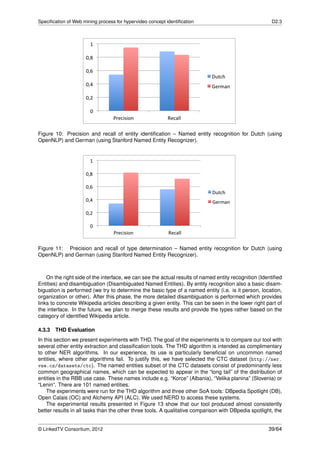 Speciﬁcation of Web mining process for hypervideo concept identiﬁcation                                D2.3




Figure 10: Precision and recall of entity identiﬁcation – Named entity recognition for Dutch (using
OpenNLP) and German (using Stanford Named Entity Recognizer).




Figure 11: Precision and recall of type determination – Named entity recognition for Dutch (using
OpenNLP) and German (using Stanford Named Entity Recognizer).



    On the right side of the interface, we can see the actual results of named entity recognition (Identiﬁed
Entities) and disambiguation (Disambiguated Named Entities). By entity recognition also a basic disam-
biguation is performed (we try to determine the basic type of a named entity (i.e. is it person, location,
organization or other). After this phase, the more detailed disambiguation is performed which provides
links to concrete Wikipedia articles describing a given entity. This can be seen in the lower right part of
the interface. In the future, we plan to merge these results and provide the types rather based on the
category of identiﬁed Wikipedia article.

4.3.3 THD Evaluation
In this section we present experiments with THD. The goal of the experiments is to compare our tool with
several other entity extraction and classiﬁcation tools. The THD algorithm is intended as complimentary
to other NER algorithms. In our experience, its use is particularly beneﬁcial on uncommon named
entities, where other algorithms fail. To justify this, we have selected the CTC dataset (http://ner.
vse.cz/datasets/ctc). The named entities subset of the CTC datasets consist of predominantly less
common geographical names, which can be expected to appear in the “long tail” of the distribution of
entities in the RBB use case. These names include e.g. “Korce” (Albania), “Velika planina” (Slovenia) or
“Lenin”. There are 101 named entities.
    The experiments were run for the THD algorithm and three other SoA tools: DBpedia Spotlight (DB),
Open Calais (OC) and Alchemy API (ALC). We used NERD to access these systems.
    The experimental results presented in Figure 13 show that our tool produced almost consistently
better results in all tasks than the other three tools. A qualitative comparison with DBpedia spotlight, the


© LinkedTV Consortium, 2012                                                                           39/64
 