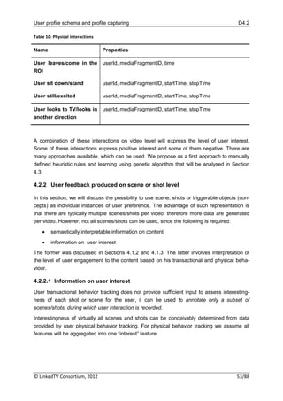 User profile schema and profile capturing                                                   D4.2

Table 10: Physical interactions

Name                              Properties

User leaves/come in the userId, mediaFragmentID, time
ROI

User sit down/stand               userId, mediaFragmentID, startTime, stopTime

User still/excited                userId, mediaFragmentID, startTime, stopTime

User looks to TV/looks in userId, mediaFragmentID, startTime, stopTime
another direction



A combination of these interactions on video level will express the level of user interest.
Some of these interactions express positive interest and some of them negative. There are
many approaches available, which can be used. We propose as a first approach to manually
defined heuristic rules and learning using genetic algorithm that will be analysed in Section
4.3.

4.2.2 User feedback produced on scene or shot level

In this section, we will discuss the possibility to use scene, shots or triggerable objects (con-
cepts) as individual instances of user preference. The advantage of such representation is
that there are typically multiple scenes/shots per video, therefore more data are generated
per video. However, not all scenes/shots can be used, since the following is required:

       semantically interpretable information on content

       information on user interest
The former was discussed in Sections 4.1.2 and 4.1.3. The latter involves interpretation of
the level of user engagement to the content based on his transactional and physical beha-
viour.

4.2.2.1 Information on user interest
User transactional behavior tracking does not provide sufficient input to assess interesting-
ness of each shot or scene for the user, it can be used to annotate only a subset of
scenes/shots, during which user interaction is recorded.
Interestingness of virtually all scenes and shots can be conceivably determined from data
provided by user physical behavior tracking. For physical behavior tracking we assume all
features will be aggregated into one “interest” feature.




© LinkedTV Consortium, 2012                                                                53/88
 