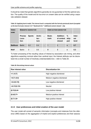 User profile schema and profile capturing                                                              D4.2

It should be noted that genetic algorithms generally do not guarantee to find the optimal solu-
tion. The quality of the model and its true error on unseen data can be verified using a sepa-
rate validation dataset.


Table 19: Applying learnt model. The interest level is computed with the formula previously learnt (accepted
as the best formula): interest= 0.5 * Bookmark+0.1 * additional content viewed – skip

VIDEO         SEMANTIC SUBVECTOR                         USER ACTION SUBVECTOR
NAME

              Precise       Sports       Archi-   …      Book-          Addition-       %        Inter-
              Loca-                      tec-            mark           al content skip-         est
              tion                       ture                           viewed     ped           level

Baltikum      Berlin        0.2          0.4      …      1              2               x        0.7

Wolf          Berlin        0            0.6      ..     0              3               x        0.3

To foster processing of the resulting values of interest by association rule mining, and other
algorithms expecting nominal rather than cardinal input, the Interest attribute can be discre-
tized into a small number of intuitively understandable bins – refer to Table 20.


Table 20: Discretizing interest values

Raw interest value                                     Discretization bin

<-1;-0.7)                                              High negative disinterest

<-0.7;-0.4)                                            Medium negative disinterest

<-0.4;0.15)                                            Low negative disinterest

<-0.15;0.15>                                           Neutral

(0.15;0.4>                                             Low positive interest

(0.4;0.7>                                              Medium positive interest

(0.7;1.0>                                              High positive interest



4.3.3 User preferences and initial creation of the user model

The user model will consist of semantic information (concepts and instances from the refer-
ence UMO) based on the aggregation of implicit and explicit preferences and their associa-



© LinkedTV Consortium, 2012                                                                            61/88
 