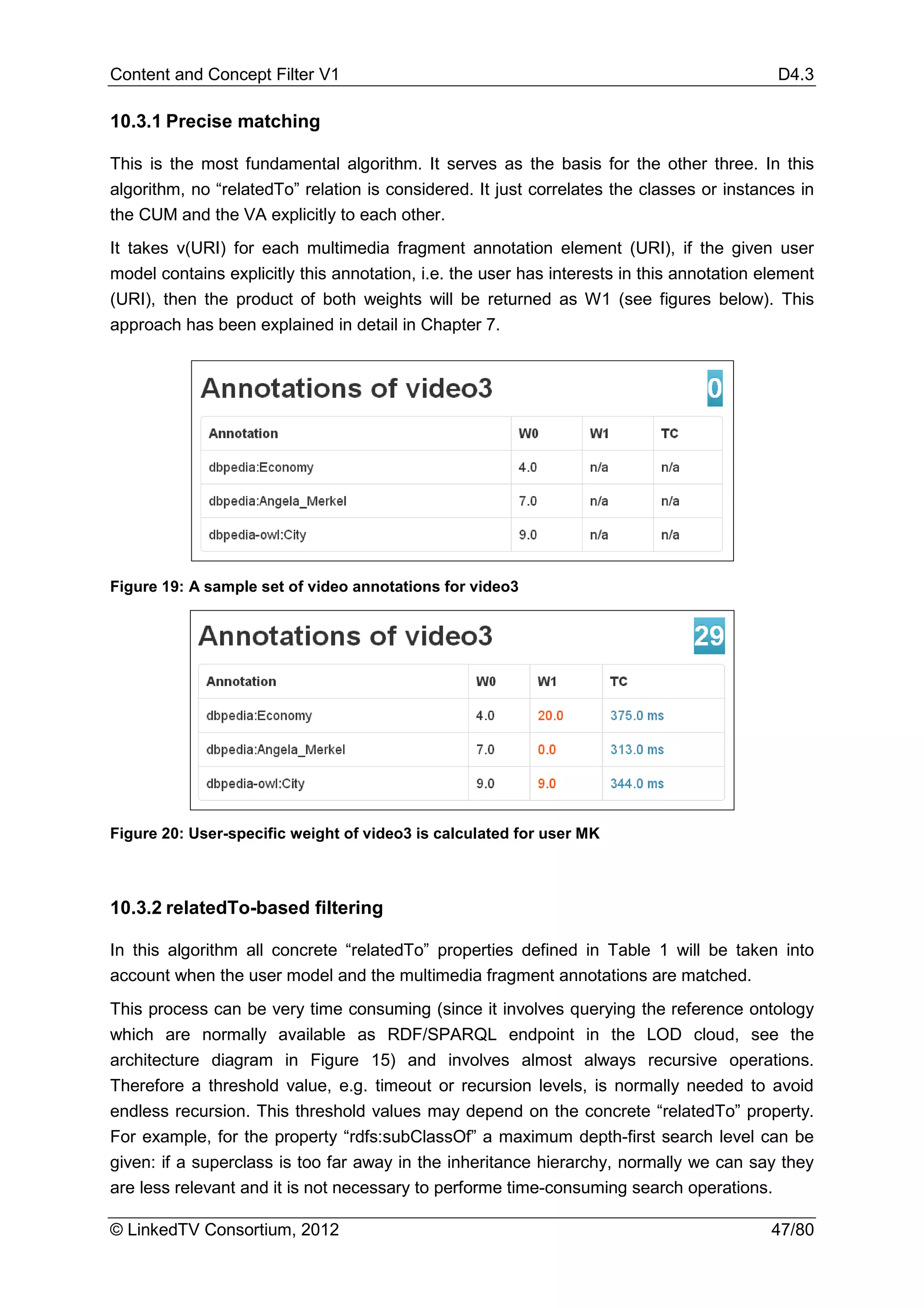 Content and Concept Filter V1                                                               D4.3

10.3.1 Precise matching

This is the most fundamental algorithm. It serves as the basis for the other three. In this
algorithm, no “relatedTo” relation is considered. It just correlates the classes or instances in
the CUM and the VA explicitly to each other.
It takes v(URI) for each multimedia fragment annotation element (URI), if the given user
model contains explicitly this annotation, i.e. the user has interests in this annotation element
(URI), then the product of both weights will be returned as W1 (see figures below). This
approach has been explained in detail in Chapter 7.




Figure 19: A sample set of video annotations for video3




Figure 20: User-specific weight of video3 is calculated for user MK



10.3.2 relatedTo-based filtering

In this algorithm all concrete “relatedTo” properties defined in Table 1 will be taken into
account when the user model and the multimedia fragment annotations are matched.
This process can be very time consuming (since it involves querying the reference ontology
which are normally available as RDF/SPARQL endpoint in the LOD cloud, see the
architecture diagram in Figure 15) and involves almost always recursive operations.
Therefore a threshold value, e.g. timeout or recursion levels, is normally needed to avoid
endless recursion. This threshold values may depend on the concrete “relatedTo” property.
For example, for the property “rdfs:subClassOf” a maximum depth-first search level can be
given: if a superclass is too far away in the inheritance hierarchy, normally we can say they
are less relevant and it is not necessary to performe time-consuming search operations.

© LinkedTV Consortium, 2012                                                                47/80
 