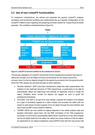 Scenario Demonstrators (v2) D6.4
© LinkedTV Consortium, 2014 21/56
2.3 Use of new LinkedTV functionalities
To implement LinkedCulture, we refined and extended the generic LinkedTV analysis,
annotation and enrichment workflow and implemented this as a specific configuration on the
LinkedTV Platform when ingesting and preparing enriched content for Tussen Kunst & Kitsch
episodes. This workflow is illustrated below (Figure 8):
Figure 8: LinkedTV enrichment workflow for the LinkedCulture scenario
The primary adaptation of LinkedTV enrichment for the LinkedCulture scenario has been to
define the concept of an Art Object and focus enrichments for the viewer around this
concept, since it is the art objects brought to the experts by someone from the general public
which the TKK viewers are primarily focused on when watching.
• “Bumper detection” (WP1) has been introduced to adapt the video segmentation into
chapters to the particular structure of TKK programmes, in particularly to be able to
automatically detect the beginnings and endings of segments around a single art
object. Chapters which contain art objects are tagged as such to guide the
subsequent processing.
• The Editor Tool (WP1), as part of its new release, supports the creation of art objects
as a type of annotation applied to a video chapter and provides the editor with the
means to add values of every property of an art object through the tool interface and
save these as RDF to the LinkedTV Platform.
• TV2RDF (WP2) can now handle art objects detected in the media analysis step and
serialise information about them into the RDF annotation of the TKK programme.
Currently it is not trivial to automatically detect which visual forms in the video chapter
are the art object itself but if an editor can select one visual instance of the art object,
an experiment to run object re-detection using CERTH tools with this has proven that
 