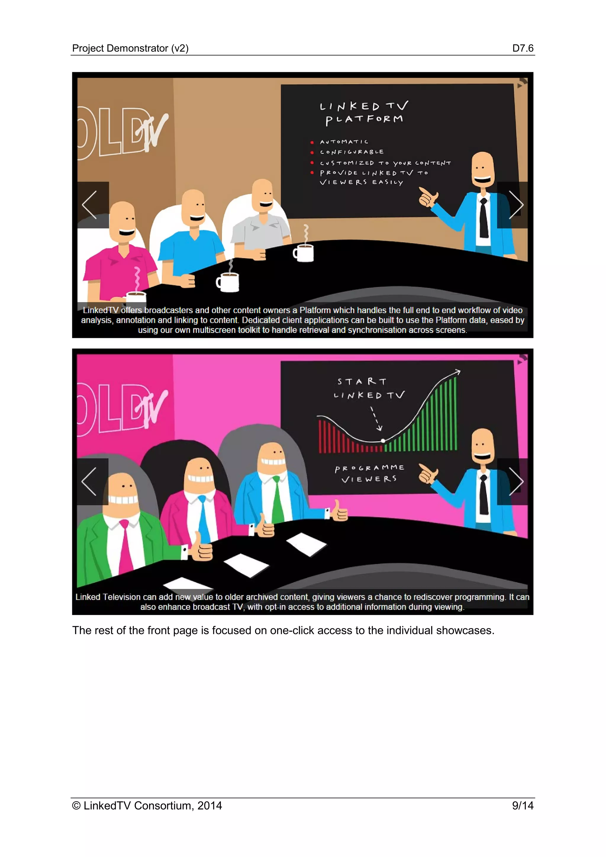 Project Demonstrator (v2) D7.6
© LinkedTV Consortium, 2014 9/14
The rest of the front page is focused on one-click access to the individual showcases.
 