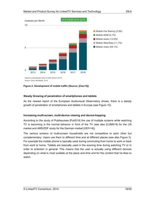 Market and Product Survey for LinkedTV Services and Technology D8.6
© LinkedTV Consortium, 2014 18/59
Figure 2: Development of mobile traffic (Source: [Cisc14])
Steady Growing of penetration of smartphones and tablets
As the newest report of the European Audiovisual Observatory shows, there is a steady
growth of penetration of smartphones and tablets in Europe (see Figure 10).
Increasing multi-screen, multi-device viewing and device-hopping
According to the study of Publissuisse [PubS14] the use of multiple screens while watching
TV is becoming is the normal behavior in front of the TV (see also [LUMA14] for the US
market and ARD/ZDF study for the German market [VEFr14]).
The various screens of multi-screen households are not competitive to each other but
complementary. Users use them to different time and at different places (see also Figure 3).
For example the mobile phone is typically used during commuting from home to work or back
from work to home. Tablets are basically used in the evening time during watching TV or in
order to entertain in general. This means that the user is actually using different devices
depending on what is most suitable at the place and time and for the content that he likes to
watch.
 