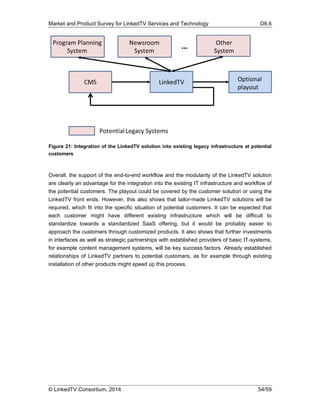 Market and Product Survey for LinkedTV Services and Technology D8.6
© LinkedTV Consortium, 2014 54/59
Figure 21: Integration of the LinkedTV solution into existing legacy infrastructure at potential
customers
Overall, the support of the end-to-end workflow and the modularity of the LinkedTV solution
are clearly an advantage for the integration into the existing IT infrastructure and workflow of
the potential customers. The playout could be covered by the customer solution or using the
LinkedTV front ends. However, this also shows that tailor-made LinkedTV solutions will be
required, which fit into the specific situation of potential customers. It can be expected that
each customer might have different existing infrastructure which will be difficult to
standardize towards a standardized SaaS offering, but it would be probably easier to
approach the customers through customized products. It also shows that further investments
in interfaces as well as strategic partnerships with established providers of basic IT-systems,
for example content management systems, will be key success factors. Already established
relationships of LinkedTV partners to potential customers, as for example through existing
installation of other products might speed up this process.
 