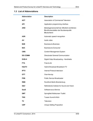 Market and Product Survey for LinkedTV Services and Technology D8.6
© LinkedTV Consortium, 2014 8/59
1.3 List of Abbreviations
Abbreviation Description
ACT Association of Commercial Television
API Application programming interface
ARD Arbeitsgemeinschaft der öffentlich-rechtlichen
Rundfunkanstalten der Bundesrepublik
Deutschland
ASR Automatic speech recognition
AV Audio video
B2B Business-to-Business
B2C Business-to-Consumer
CMS Content Management System
DG COMM Directorate General Communication
DVB-H Digital Video Broadcasting - Handhelds
FTA Free-to-Air
HbbTV Hybrid Broadcast Broadband TV
IPTV Internet Protocol television
OTT Over-the-top
PSB Public Service Broadcaster
RBB Rundfunk Berlin-Brandenburg
S&V Netherlands Institute for Sound and Vision
SaaS Software-as-a-Service
SMT Springfield Multiscreen Toolkit
TKK Tussen Kunst & Kitch
TV Television
USP Unique Selling Proposition
 