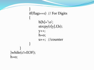 } 
if(flag1==1) // For Digits 
{ 
b[h]='0'; 
strcpy(r[y].f,b); 
y++; 
h=0; 
u++; //counter 
} 
} 
}while(c!=EOF); 
h=0; 
 