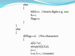 else 
{ 
b[h]=c; //insert digits e.g. 200 
h++; 
flag1=1; 
} 
} 
else 
{ 
if(flag==1) //For characters 
{ 
a[i]='0'; 
strcpy(t[j].f,a); 
j++; 
i=0; l++; //counter 
 