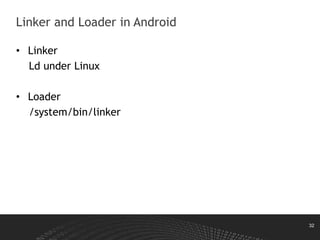 32
• Linker
Ld under Linux
• Loader
/system/bin/linker
Linker and Loader in Android
 