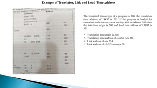 Example of Translator, Link and Load Time Address
The translated time origin of a program is 200. the translation
time address of LOOP is 201. If the program is loaded for
execution in the memory area starting with the address 500, then
the load time origin is 500 and load time address of LOOP is
501.
 Translation time origin is 200.
 Translation time address of symbol A is 224.
 Link address of A is 524.
 Link address of LOOP becomes 501
 