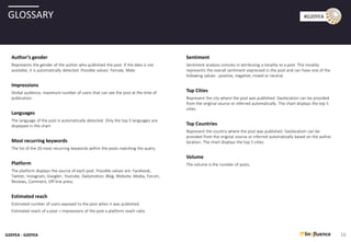 G20YEA - G20YEA
#G20YEA
16
GLOSSARY
Author’s gender
Represents the gender of the author who published the post. If the data is not
available, it is automatically detected. Possible values: Female, Male.
Impressions
Global audience, maximum number of users that can see the post at the time of
publication.
Languages
The language of the post is automatically detected. Only the top 5 languages are
displayed in the chart.
Most recurring keywords
The list of the 20 most recurring keywords within the posts matching the query.
Platform
The platform displays the source of each post. Possible values are: Facebook,
Twitter, Instagram, Google+, Youtube, Dailymotion, Blog, Website, Media, Forum,
Reviews, Comment, Off-line press.
Estimated reach
Estimated number of users exposed to the post when it was published.
Estimated reach of a post = impressions of the post x platform reach ratio
Sentiment
Sentiment analysis consists in attributing a tonality to a post. This tonality
represents the overall sentiment expressed in the post and can have one of the
following values : positive, negative, mixed or neutral.
Top Cities
Represent the city where the post was published. Geolocation can be provided
from the original source or inferred automatically. The chart displays the top 5
cities.
Top Countries
Represent the country where the post was published. Geolocation can be
provided from the original source or inferred automatically based on the author
location. The chart displays the top 5 cities.
Volume
The volume is the number of posts.
 