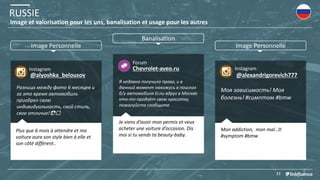 RUSSIE
33
Image et valorisation pour les uns, banalisation et usage pour les autres
Моя зависимость! Моя
болезнь! #симптом #bmw
Instagram
@alexandrigorevich777
Mon addiction, mon mal…
#symptom #bmw
Разница между фото 6 месяцев и
за это время автомобиль
приобрел свою
индивидуальность, свой стиль,
свое отличие! 😎🚘
Instagram
@alyoshka_belousov
Plus que 6 mois à attendre et ma
voiture aura son style bien à elle et
son côté différent..
Image Personnelle
Banalisation
Image Personnelle
Я недавно получила права, и в
данный момент нахожусь в поисках
б/у автомобиля Если вдруг в Москве
кто-то продаёт свою красотку,
пожалуйста сообщите
Forum
Chevrolet-aveo.ru
Je viens d’avoir mon permis et veux
acheter une voiture d’occasion. Dis
moi si tu vends ta beauty-baby.
 