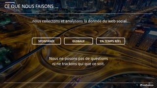 CE QUE NOUS FAISONS …
5
Nous ne posons pas de questions
ni ne trackons qui que ce soit.
SPONTANÉE GLOBALE EN TEMPS RÉEL
…nous collectons et analysons la donnée du web social.
 
