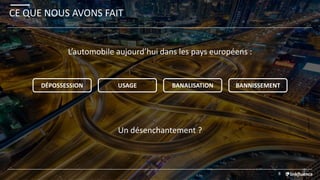 CE QUE NOUS AVONS FAIT
8
Un désenchantement ?
DÉPOSSESSION USAGE BANALISATION BANNISSEMENT
L’automobile aujourd’hui dans les pays européens :
 