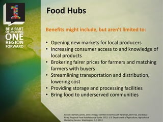 Source: Barham,James, Debra Tropp, Kathleen Enterline,Jeff Farbman,John Fisk, and Stacia
Kiraly. Regional Food HubResource Guide. 2012. U.S. Department of Agriculture, Agricultural
Marketing Service. Washington, D.C. 2012
Benefits might include, but aren’t limited to:
• Opening new markets for local producers
• Increasing consumer access to and knowledge of
local products
• Brokering fairer prices for farmers and matching
farmers with buyers
• Streamlining transportation and distribution,
lowering cost
• Providing storage and processing facilities
• Bring food to underserved communities
Food Hubs
 