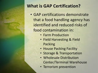 What is GAP Certification?
• GAP certifications demonstrate
that a food handling agency has
identified and reduced risks of
food contamination in:
• Farm Production
• Field Harvesting & Field
Packing
• House Packing Facility
• Storage & Transportation
• Wholesale Distribution
Center/Terminal Warehouse
• Terrorism prevention
 