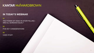 3
IN TODAY’S WEBINAR
01
THE POWER OF VIDEO IN STORYTELLING -
ARE ALL SCREENS EQUAL?
02
FIVE KEY CONSIDERATIONS
03
CASE STUDY
 