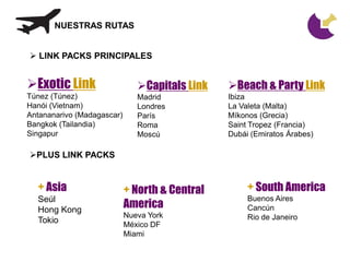 NUESTRAS RUTAS


 LINK PACKS PRINCIPALES


Exotic Link                   Capitals Link   Beach & Party Link
Túnez (Túnez)                  Madrid           Ibiza
Hanói (Vietnam)                Londres          La Valeta (Malta)
Antananarivo (Madagascar)      París            Míkonos (Grecia)
Bangkok (Tailandia)            Roma             Saint Tropez (Francia)
Singapur                       Moscú            Dubái (Emiratos Árabes)

PLUS LINK PACKS


  + Asia                    + North & Central        + South America
  Seúl                                               Buenos Aires
  Hong Kong
                            America                  Cancún
                            Nueva York               Rio de Janeiro
  Tokio                     México DF
                            Miami
 