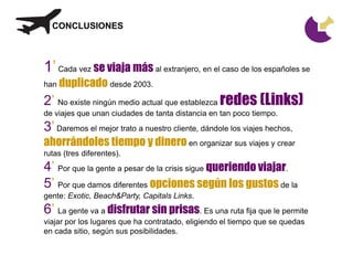 CONCLUSIONES



1’ Cada vez se viaja más al extranjero, en el caso de los españoles se
han duplicado desde 2003.

2’ No existe ningún medio actual que establezca redes (Links)
de viajes que unan ciudades de tanta distancia en tan poco tiempo.
3’ Daremos el mejor trato a nuestro cliente, dándole los viajes hechos,
ahorrándoles tiempo y dinero en organizar sus viajes y crear
rutas (tres diferentes).
4’ Por que la gente a pesar de la crisis sigue queriendo viajar.
5’ Por que damos diferentes opciones según los gustos de la
gente: Exotic, Beach&Party, Capitals Links.
6’ La gente va a disfrutar sin prisas. Es una ruta fija que le permite
viajar por los lugares que ha contratado, eligiendo el tiempo que se quedas
en cada sitio, según sus posibilidades.
 
