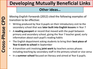 Moving English Forwards (2012) cited the following examples of
transition to be effective:
• Writing produced by Year 6 pupils on their introductory visit to the
secondary school that was later built into English lessons in Year 7
• A reading passport or record that moved with the pupil between
primary and secondary school, giving the Year 7 teacher good, early
information about each pupil’s reading habits
• The English department asking students to bring their best piece of
Year 6 work to school in September
• A transition unit involving joint work by teachers across phases
including teaching by secondary staff in the primary school or vice versa
• In a summer school focused on literacy and aimed at Year 6 pupils.
Cross-PhaseCPD Developing Mutually Beneficial Links
Other ideas…
 