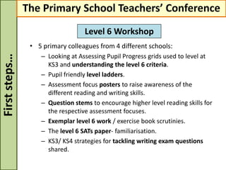 • 5 primary colleagues from 4 different schools:
– Looking at Assessing Pupil Progress grids used to level at
KS3 and understanding the level 6 criteria.
– Pupil friendly level ladders.
– Assessment focus posters to raise awareness of the
different reading and writing skills.
– Question stems to encourage higher level reading skills for
the respective assessment focuses.
– Exemplar level 6 work / exercise book scrutinies.
– The level 6 SATs paper- familiarisation.
– KS3/ KS4 strategies for tackling writing exam questions
shared.
Firststeps… The Primary School Teachers’ Conference
Level 6 Workshop
 