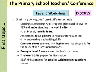 • 5 primary colleagues from 4 different schools:
– Looking at Assessing Pupil Progress grids used to level at
KS3 and understanding the level 6 criteria.
– Pupil friendly level ladders.
– Assessment focus posters to raise awareness of the
different reading and writing skills.
– Question stems to encourage higher level reading skills for
the respective assessment focuses.
– Exemplar level 6 work / exercise book scrutinies.
– The level 6 SATs paper- familiarisation.
– KS3/ KS4 strategies for tackling writing exam questions
shared.
Firststeps… The Primary School Teachers’ Conference
Level 6 Workshop DISCUSS
 
