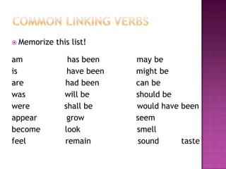  Memorize

am
is
are
was
were
appear
become
feel

this list!

has been
have been
had been
will be
shall be
grow
look
remain

may be
might be
can be
should be
would have been
seem
smell
sound
taste

 