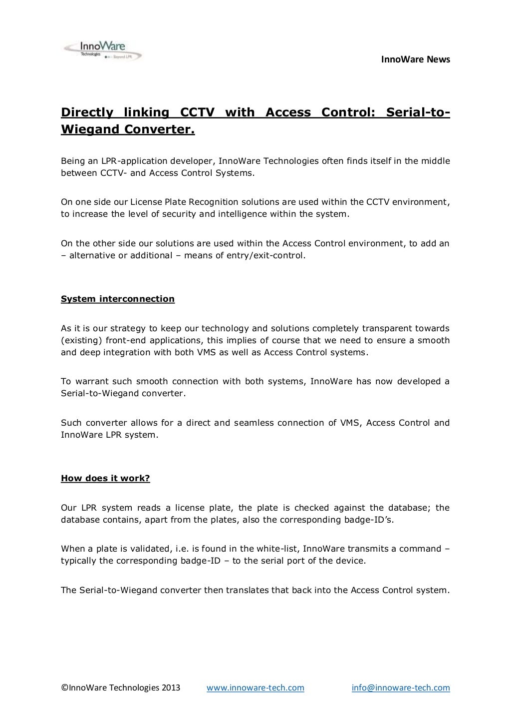 Linking CCTV with Access Control InnoWare SerialtoWiegand converter