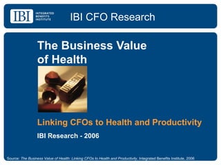 The Business Value  of Health Linking CFOs to Health and Productivity IBI Research - 2006 IBI CFO Research Source:  The Business Value of Health: Linking CFOs to Health and Productivity , Integrated Benefits Institute, 2006 