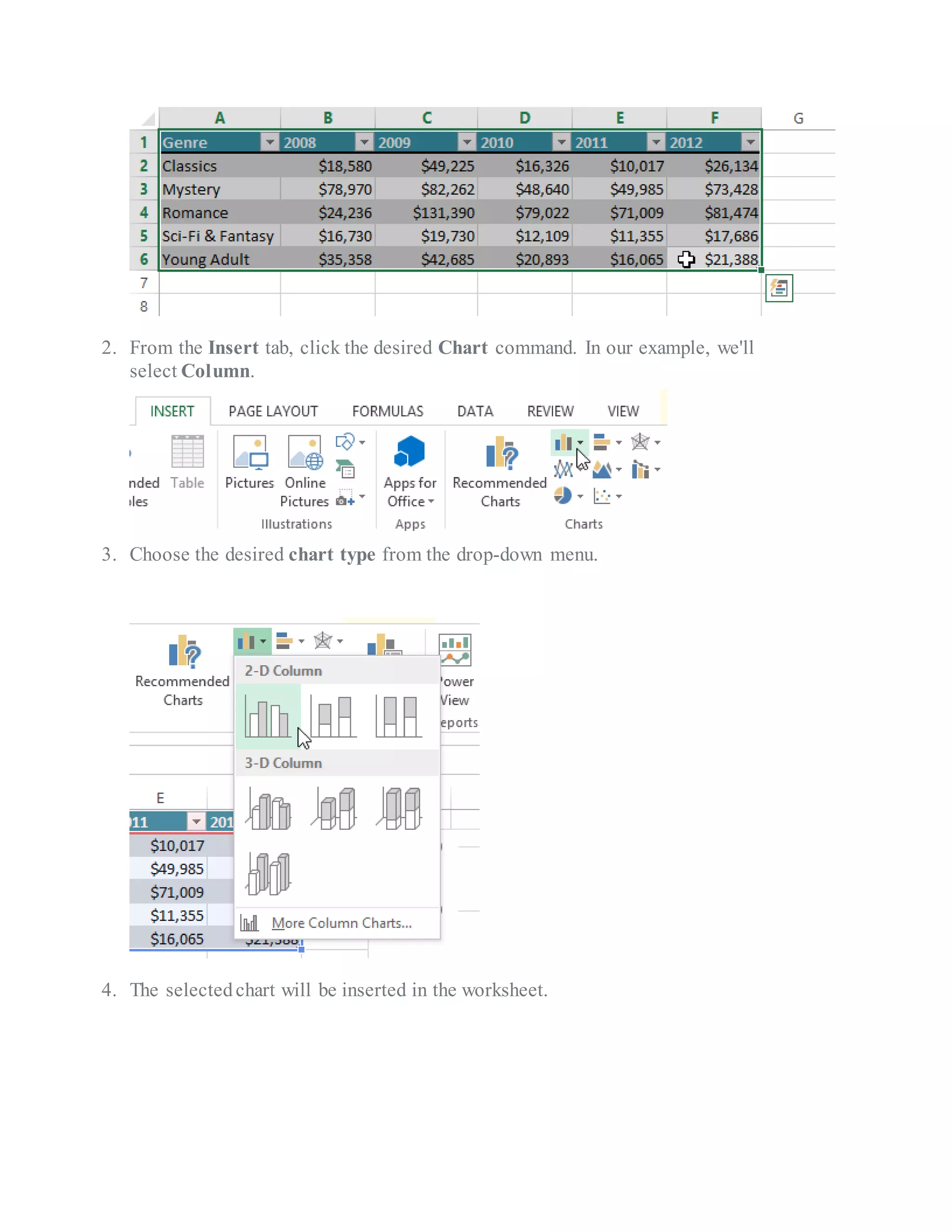 2. From the Insert tab, click the desired Chart command. In our example, we'll
select Column.
3. Choose the desired chart type from the drop-down menu.
4. The selectedchart will be inserted in the worksheet.
 