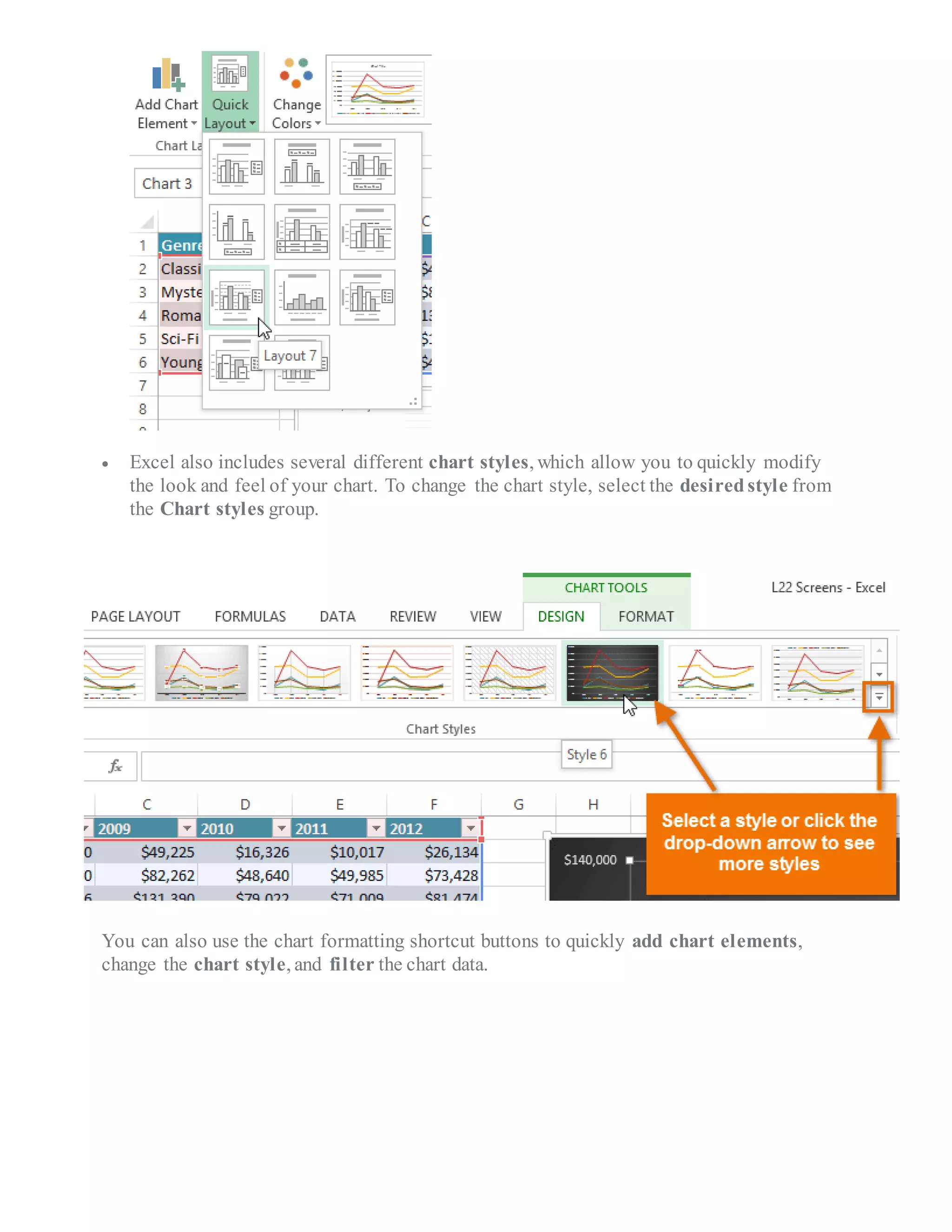  Excel also includes several different chart styles, which allow you to quickly modify
the look and feel of your chart. To change the chart style, select the desiredstyle from
the Chart styles group.
You can also use the chart formatting shortcut buttons to quickly add chart elements,
change the chart style, and filter the chart data.
 